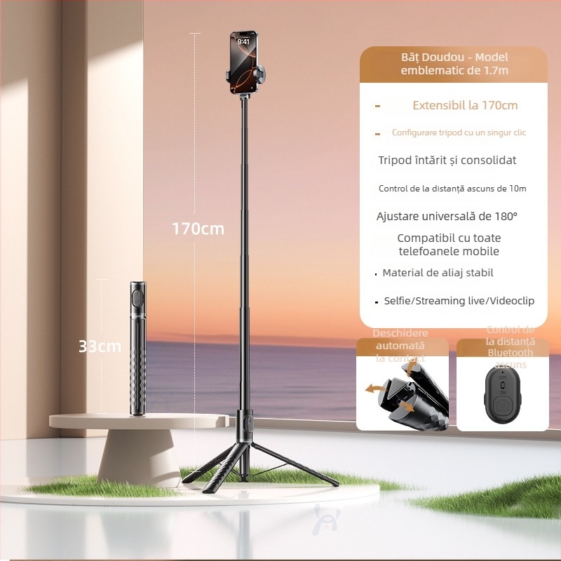 Selfie Stick cu Trepied, Corp din aliaj, Telecomandă, Bluetooth, IBIS, Compatibil universal