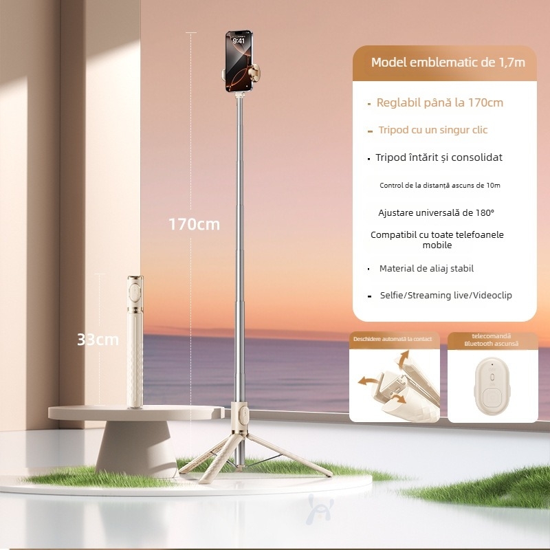 Selfie Stick cu Trepied, Corp din aliaj, Telecomandă, Bluetooth, IBIS, Compatibil universal