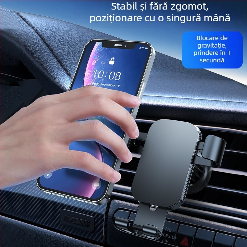 Suport auto pentru telefon din aliaj de aluminiu, cu montaj prin gravitație pentru ventilația aerului, compatibil cu navigație pe ecran mare