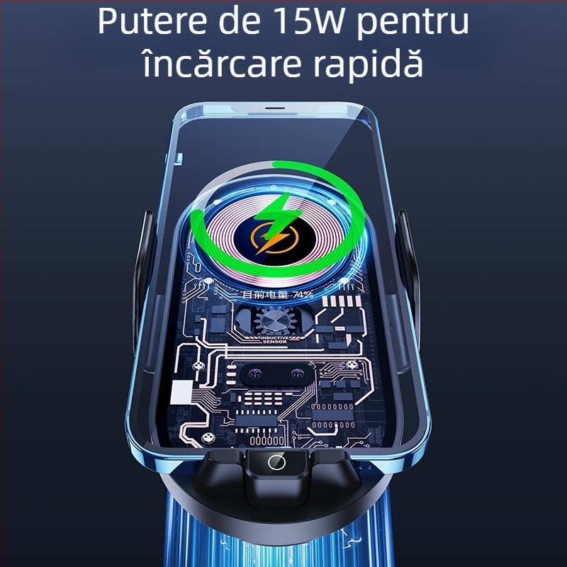 Suport auto pentru telefon cu încărcare wireless rapidă și senzor inteligent, prindere prin clipsare pe conducta de aer, 66W