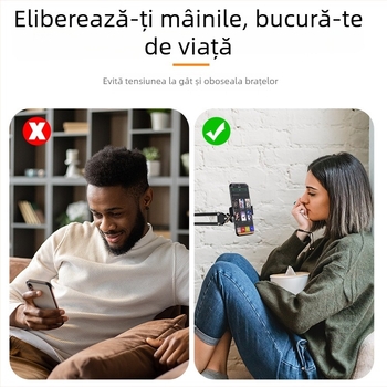 Suport pentru tabletă și telefon cu braț telescopic rotativ, cadru metalic pliabil, montaj prin clemă, anti-vibrații