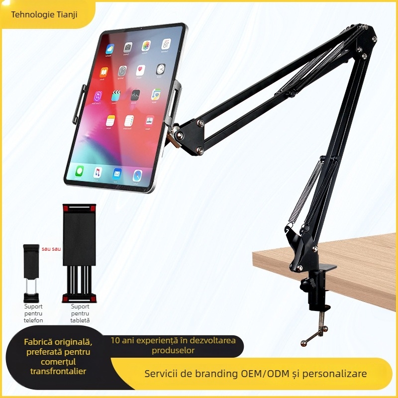Suport pentru tabletă și telefon cu braț telescopic rotativ, cadru metalic pliabil, montaj prin clemă, anti-vibrații