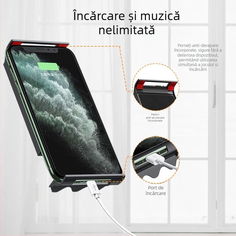 Suport pentru tabletă și telefon cu braț telescopic rotativ, cadru metalic pliabil, montaj prin clemă, anti-vibrații