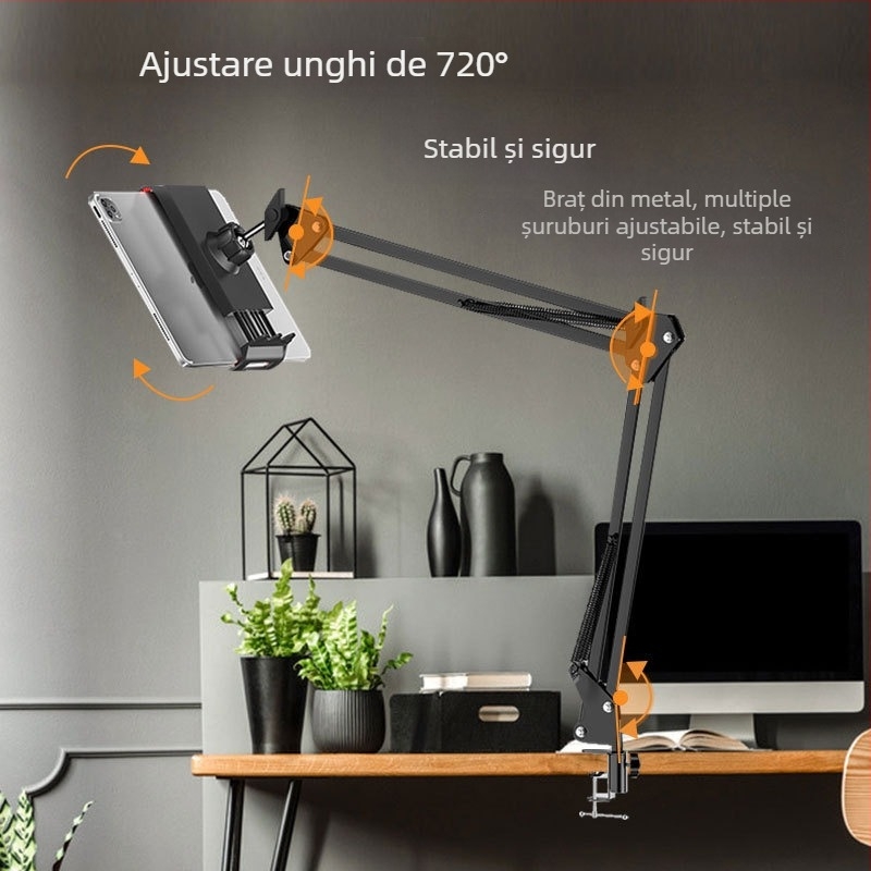 Suport pentru tabletă și telefon cu braț telescopic rotativ, cadru metalic pliabil, montaj prin clemă, anti-vibrații