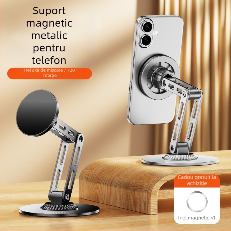 Suport de telefon magnetic pentru birou, metalic, rotativ, reglaj pe trei axe pentru streaming live și vizionarea videoclipurilor