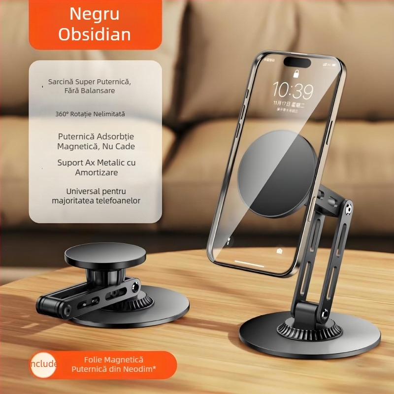Suport de telefon magnetic pentru birou, metalic, rotativ, reglaj pe trei axe pentru streaming live și vizionarea videoclipurilor