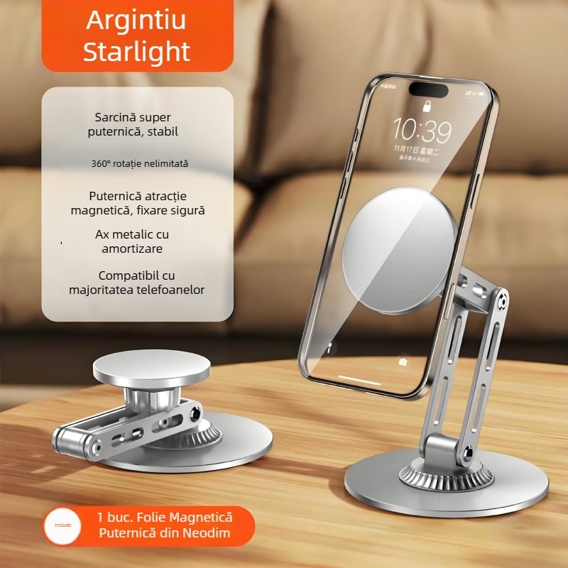 Suport de telefon magnetic pentru birou, metalic, rotativ, reglaj pe trei axe pentru streaming live și vizionarea videoclipurilor
