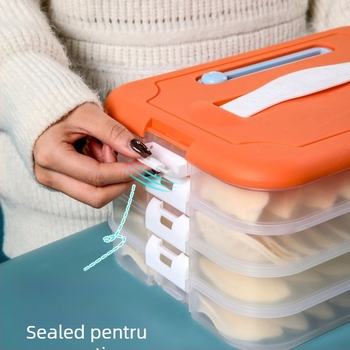 Cutie din plastic pentru depozitare găluște la congelator, cu tavă cu mai multe niveluri, Godsend, stil desen animat