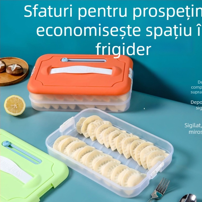 Cutie din plastic pentru depozitare găluște la congelator, cu tavă cu mai multe niveluri, Godsend, stil desen animat