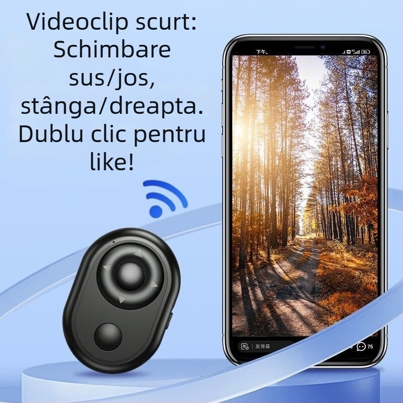 Telecomandă Bluetooth portabilă pentru telefon cu modul selfie, declanșator, derulare video și funcție Like