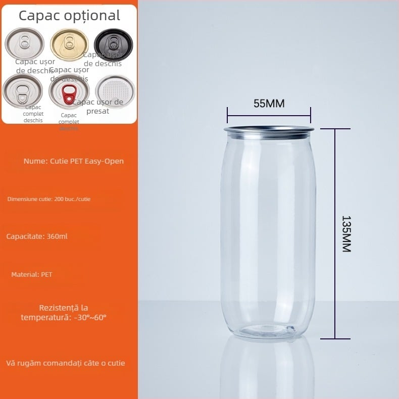 sticlă PET pentru băuturi cu capac de deschidere mare, model 202#, logo tipărit, capacități 500 ml / 330 ml / 360 ml