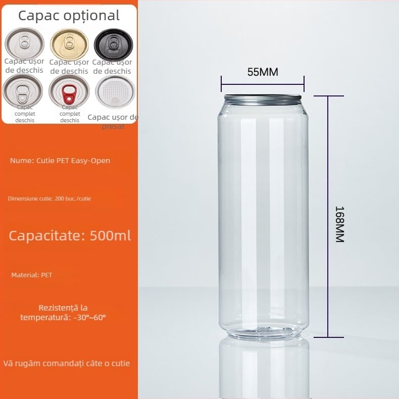 sticlă PET pentru băuturi cu capac de deschidere mare, model 202#, logo tipărit, capacități 500 ml / 330 ml / 360 ml