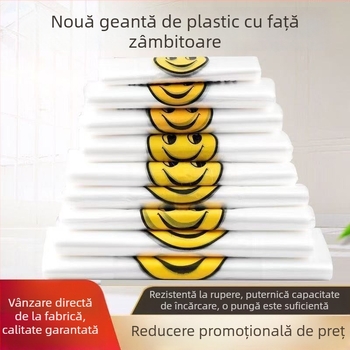 Pungă transparentă din plastic cu zâmbet pentru take-away și cumpărături, de unică folosință, grosime îngroșată, pachet de 500 bucăți, ne-biodegradabilă