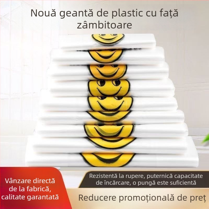 Pungă transparentă din plastic cu zâmbet pentru take-away și cumpărături, de unică folosință, grosime îngroșată, pachet de 500 bucăți, ne-biodegradabilă