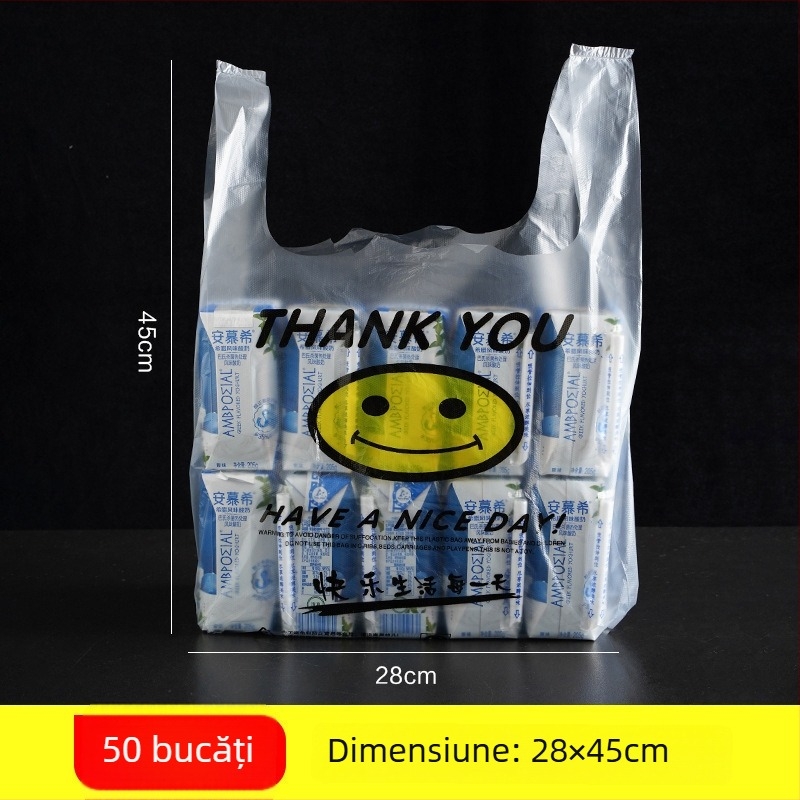 Pungă transparentă din plastic cu zâmbet pentru take-away și cumpărături, de unică folosință, grosime îngroșată, pachet de 500 bucăți, ne-biodegradabilă