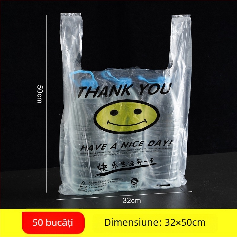 Pungă transparentă din plastic cu zâmbet pentru take-away și cumpărături, de unică folosință, grosime îngroșată, pachet de 500 bucăți, ne-biodegradabilă