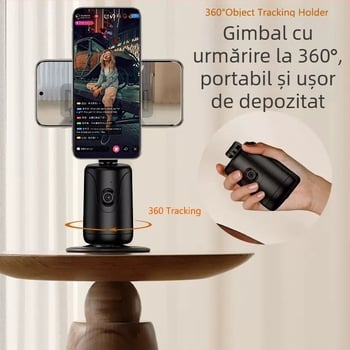 Gimbal pentru smartphone cu urmărire facială AI pentru streaming live - 360° panoramă, 270° înclinație, 8 rpm, baterie 6-8 ore, 236 g