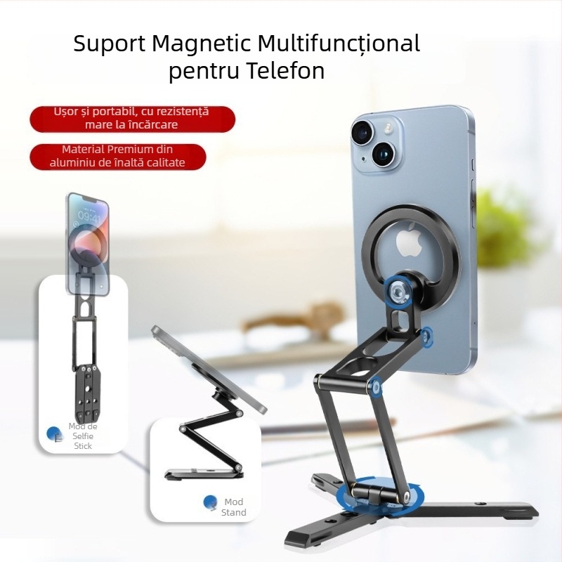 Suport de birou din aliaj de aluminiu, suport magnetic pentru telefon, rotire 360° orizontală și verticală, greutate 133 g, universal pentru telefoane mobile