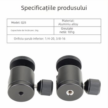Trepied PTZ mini din metal cu cap ball-head pentru telefon mobil — montaj filetat, aliaj de aluminiu, rotire orizontală 360°, înclinare verticală 90°, greutate 115 g