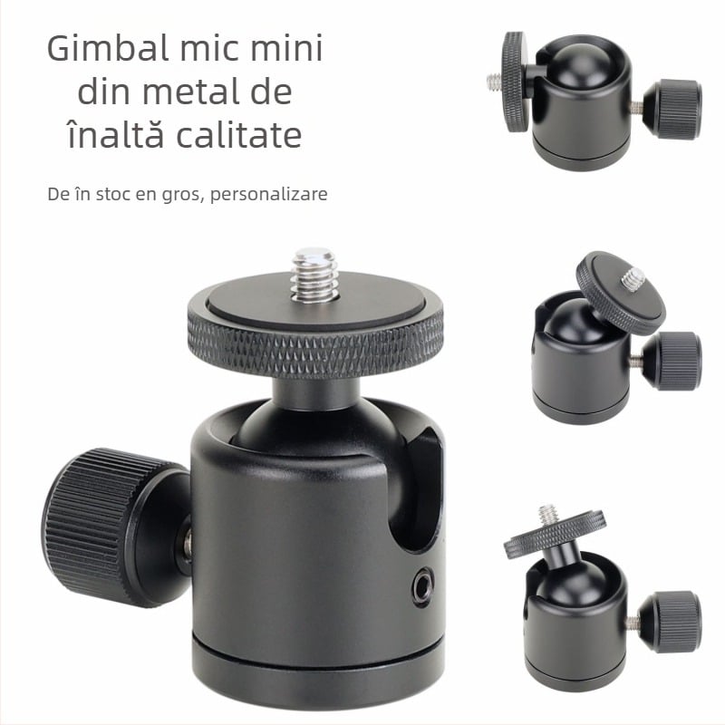 Trepied PTZ mini din metal cu cap ball-head pentru telefon mobil — montaj filetat, aliaj de aluminiu, rotire orizontală 360°, înclinare verticală 90°, greutate 115 g