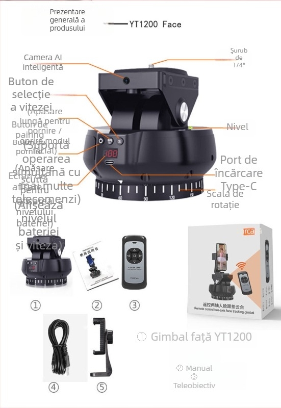 Gimbal cu urmărire facială pentru camere DSLR/mirrorless, telefoane și GoPro – control de la distanță, montaj cu șurub 1/4-inch, unghi orizontal 230°, vertical 70°, greutate 0.8 kg