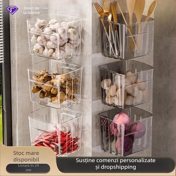 Coș de depozitare pentru bucătărie montat pe perete, pentru ceapă verde, ghimbir și usturoi, în stil nordic; din plastic, cu logo tipărit