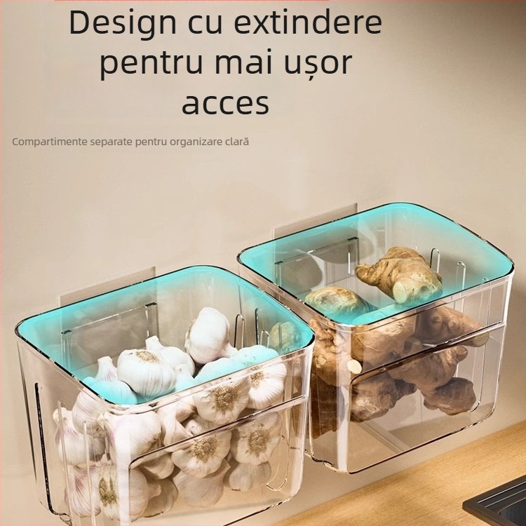 Coș de depozitare pentru bucătărie montat pe perete, pentru ceapă verde, ghimbir și usturoi, în stil nordic; din plastic, cu logo tipărit