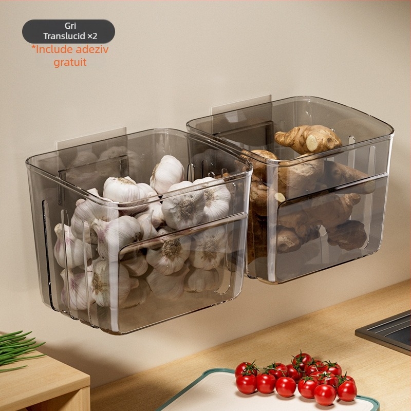 Coș de depozitare pentru bucătărie montat pe perete, pentru ceapă verde, ghimbir și usturoi, în stil nordic; din plastic, cu logo tipărit