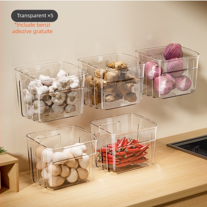 Coș de depozitare pentru bucătărie montat pe perete, pentru ceapă verde, ghimbir și usturoi, în stil nordic; din plastic, cu logo tipărit