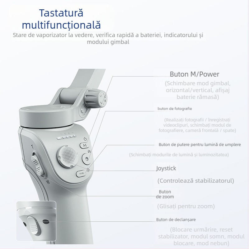Stabilizator gimbal portabil pentru telefon cu urmărire facială – Stabilizator cu 3 axe, Bluetooth și telecomandă