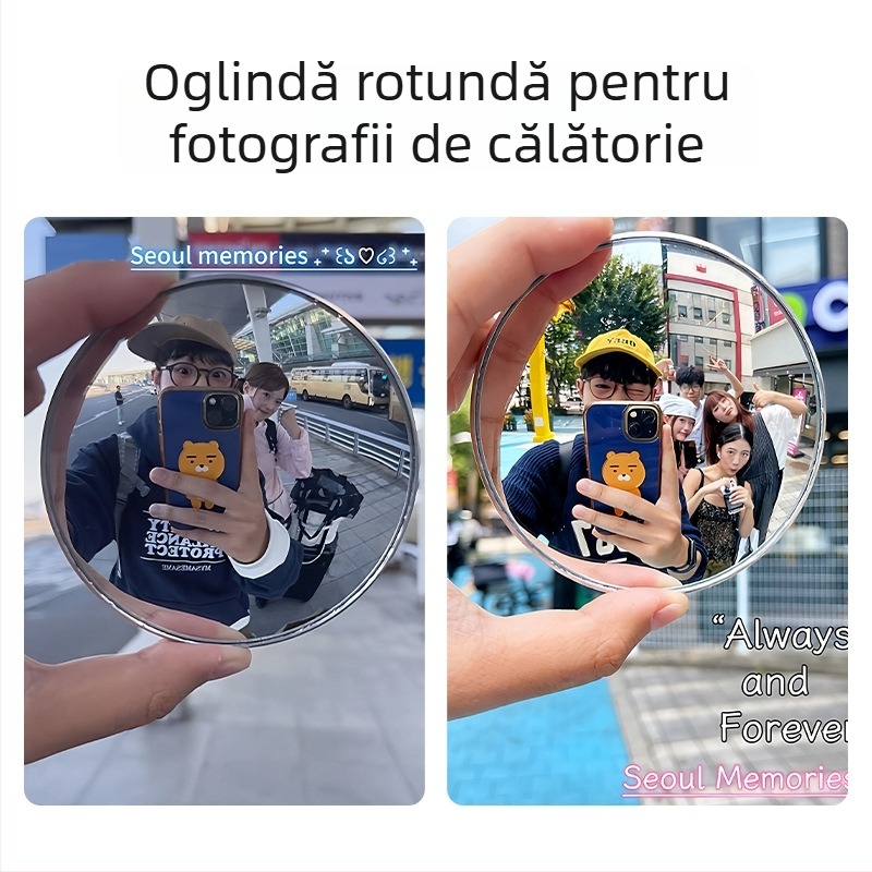 Oglindă convexă manuală pentru fotografie de călătorie – oglindă rotundă, ramă din plastic, lentilă din sticlă, selfie cu unghi larg