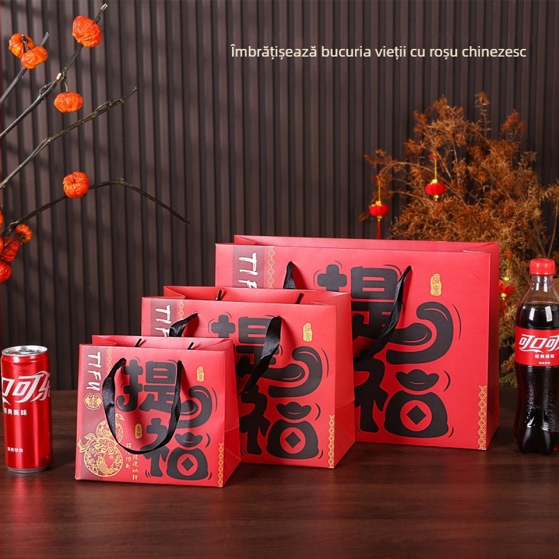 Geantă de cadouri în stil chinezesc, din carton alb gros, design retro festiv (Material: carton alb; Tehnică: Offset; Potrivit pentru cadouri de Anul Nou; Tipărire logo: Da)