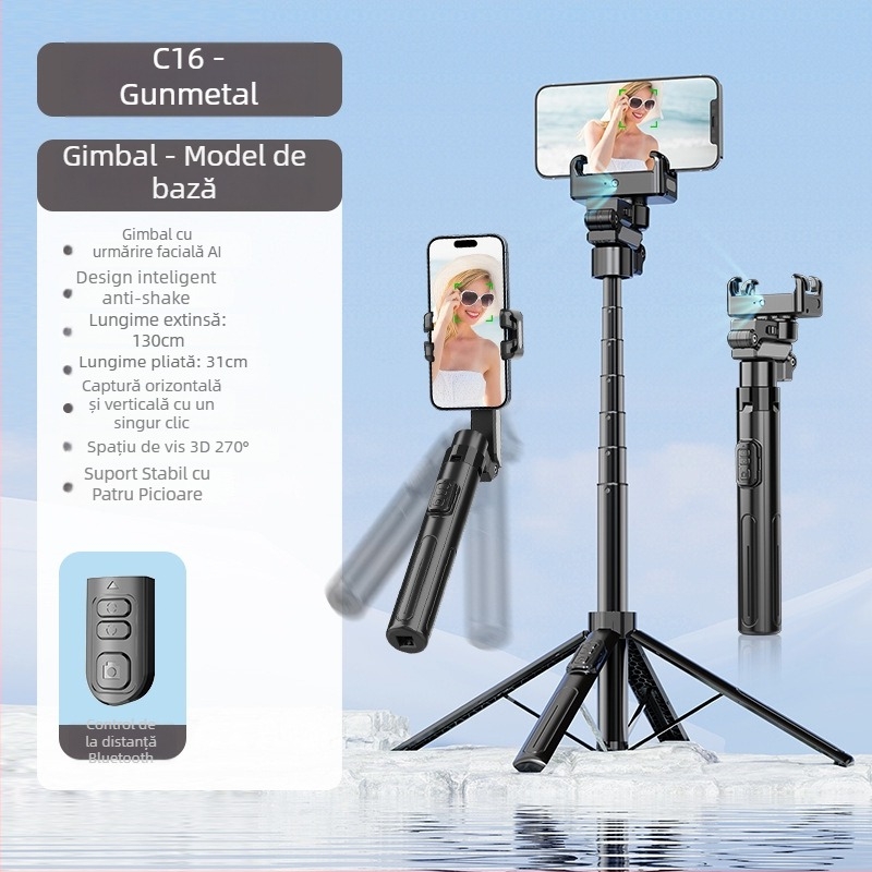 Stabilizator C16 cu urmărire facială AI, stabilizator cu o singură axă, trepied cu patru picioare, telecomandă Bluetooth, aliaj de aluminiu