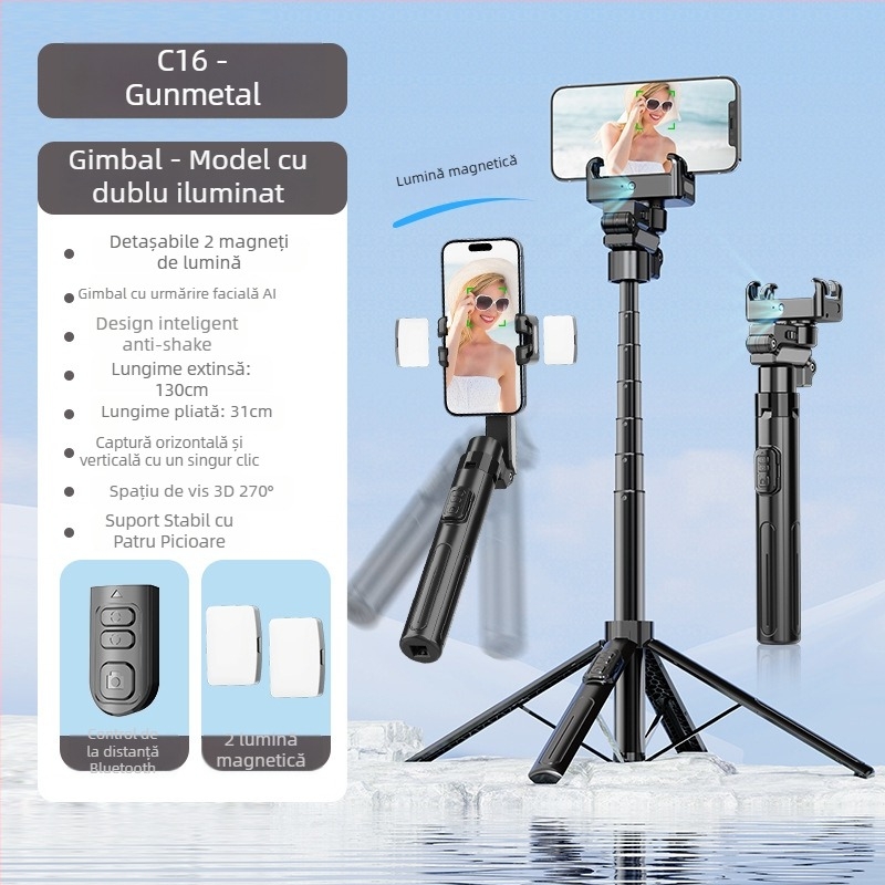 Stabilizator C16 cu urmărire facială AI, stabilizator cu o singură axă, trepied cu patru picioare, telecomandă Bluetooth, aliaj de aluminiu