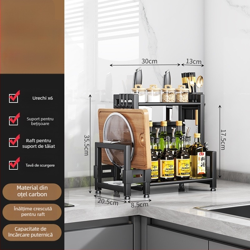 Raft de depozitare bucătărie, raft multifuncțional pentru condimente, suport pentru bețișoare și cuțite, suport pentru capace de oale, rotativ