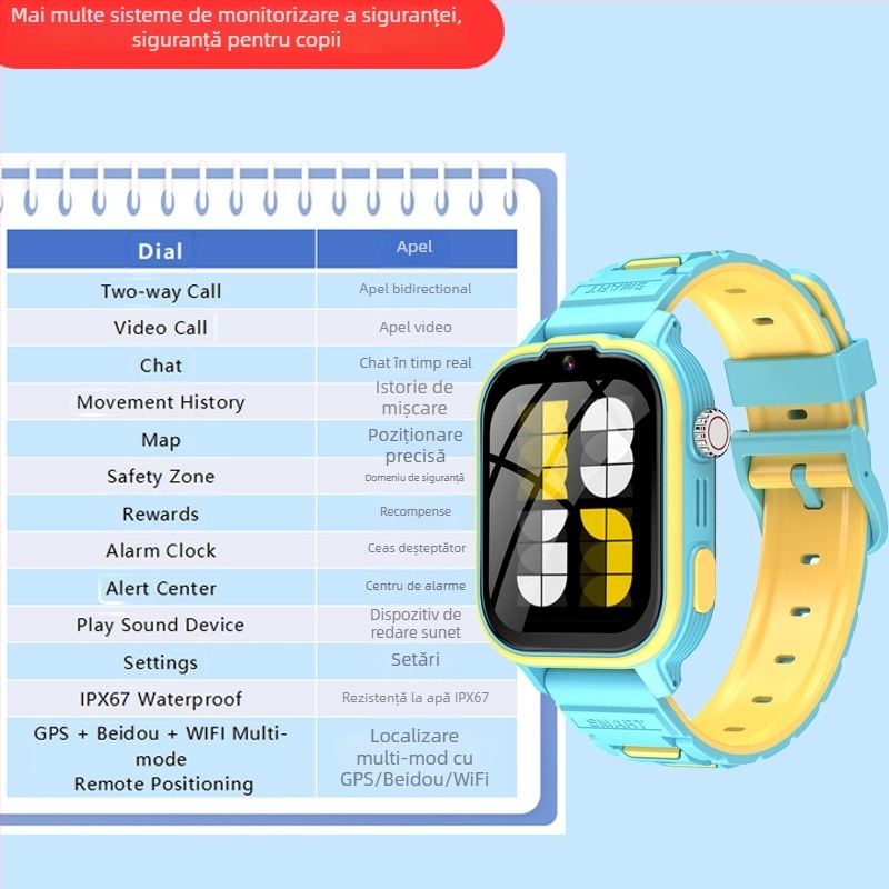 Ceas inteligent pentru copii cu apeluri video, captură foto, poziționare GPS la distanță, protecție împotriva pierderii, 512MB RAM