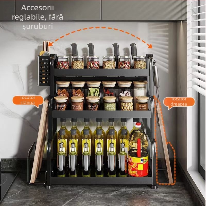 Raft pentru condimente din oțel carbon, pentru blat de bucătărie, cu mai multe etaje, fără găurire