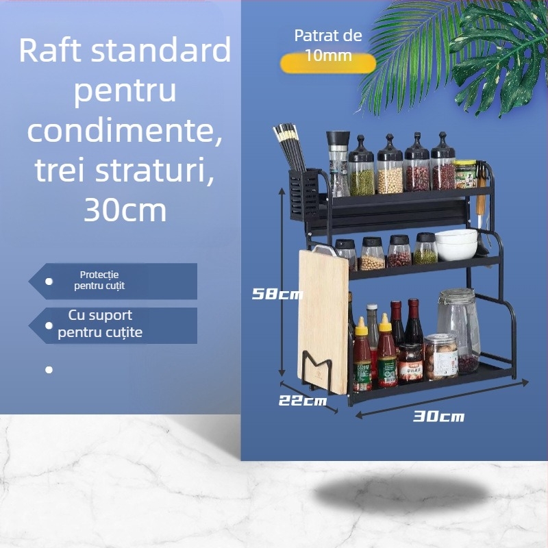 Raft pentru condimente din oțel carbon, pentru blat de bucătărie, cu mai multe etaje, fără găurire