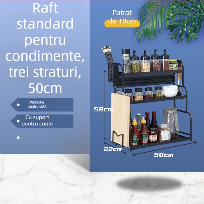 Raft pentru condimente din oțel carbon, pentru blat de bucătărie, cu mai multe etaje, fără găurire