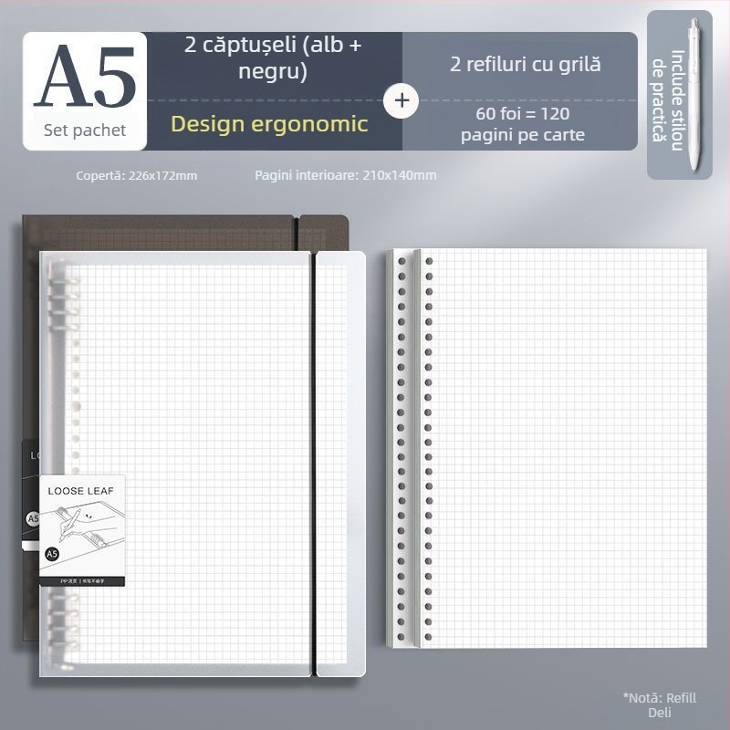 Deli carnet cu foi detașabile, formate disponibile A4/A5/B5, Dowling hârtie, 60 de coli, găuri B5/26