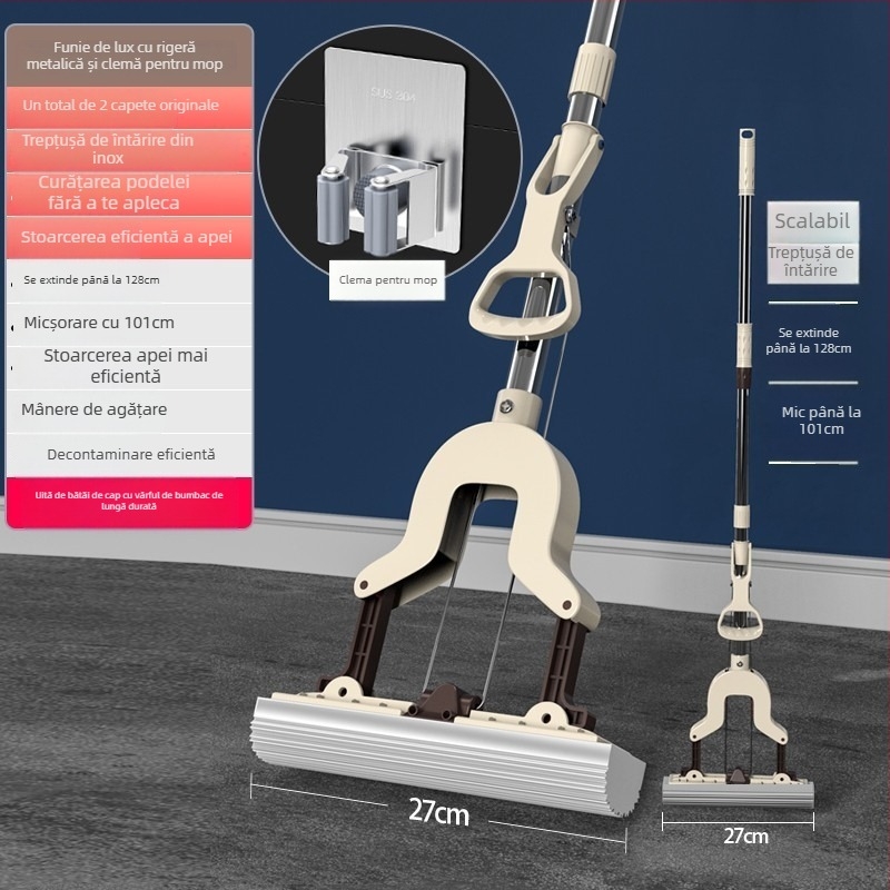 Mop de podea din burete, cap pliabil, spălare manuală, tijă din oțel inoxidabil, material Collodion