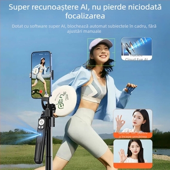 Gimbal AI pentru telefon cu urmărire automată, recunoaștere facială și gesturi, stabilizare a imaginii, telecomandă Bluetooth și iluminare pentru streaming live