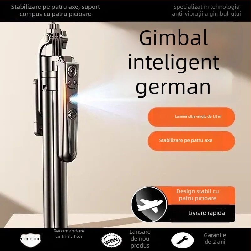 Gimbal AI pentru telefon cu urmărire automată, recunoaștere facială și gesturi, stabilizare a imaginii, telecomandă Bluetooth și iluminare pentru streaming live