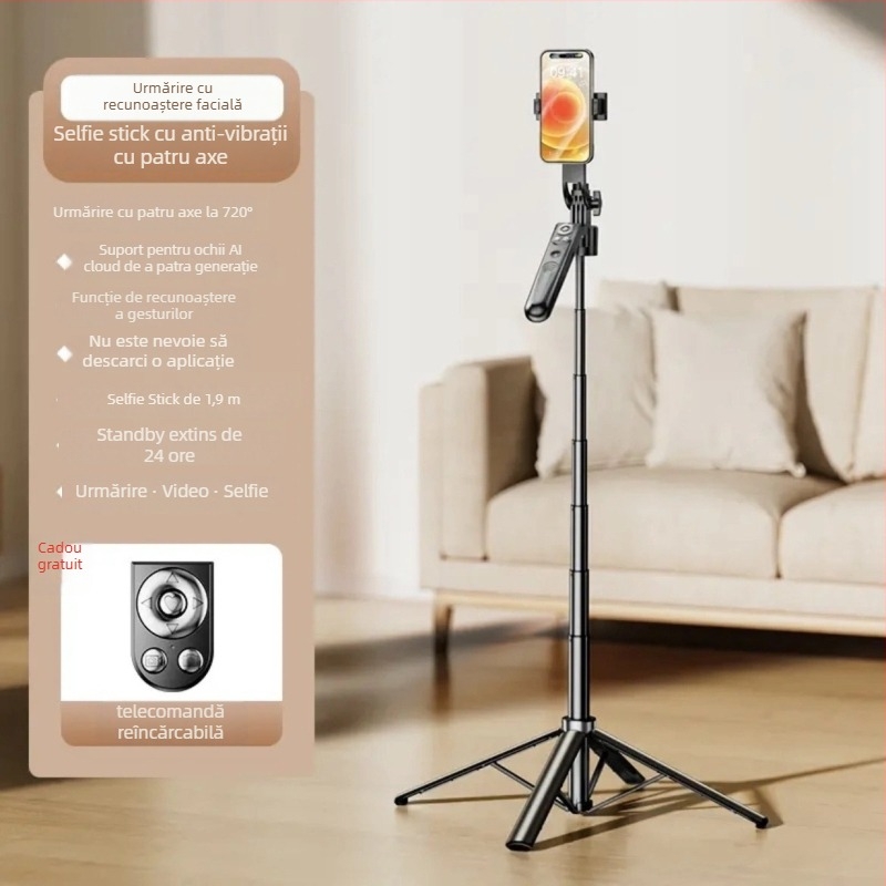 Gimbal AI pentru telefon cu urmărire automată, recunoaștere facială și gesturi, stabilizare a imaginii, telecomandă Bluetooth și iluminare pentru streaming live