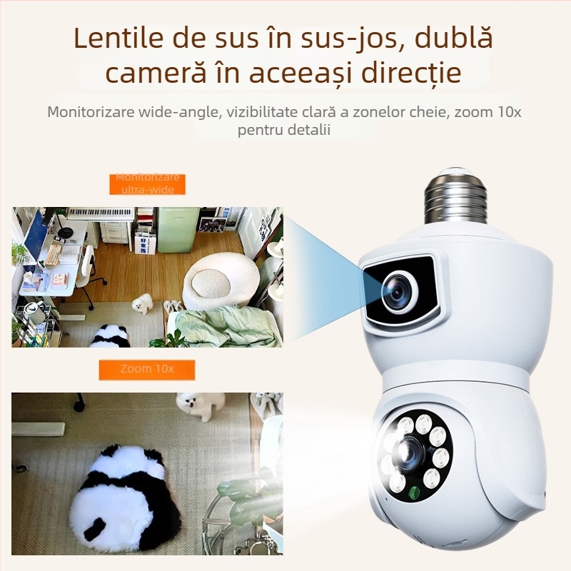 Cameră IP bulb cu obiectiv dublu, montaj E27, interior, 1080P color complet, supraveghere inteligentă, iluminare 0.001 lux, IR până la 15 m