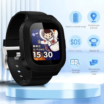 Ceas inteligent pentru copii cu slot SIM, ecran TFT 1.44", baterie 450 mAh, rezistent la apă, cameră pentru fotografii și apeluri video