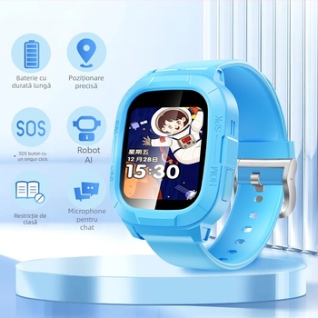 Ceas inteligent pentru copii cu slot SIM, ecran TFT 1.44", baterie 450 mAh, rezistent la apă, cameră pentru fotografii și apeluri video