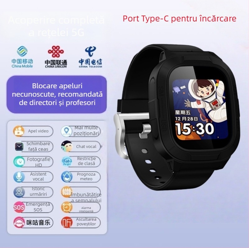 Ceas inteligent pentru copii cu slot SIM, ecran TFT 1.44", baterie 450 mAh, rezistent la apă, cameră pentru fotografii și apeluri video