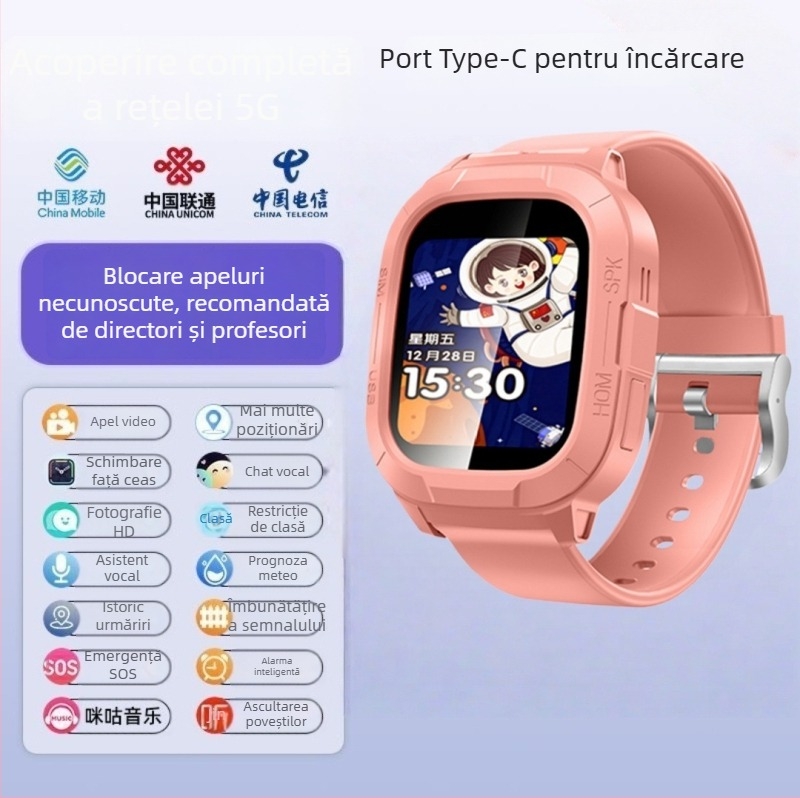 Ceas inteligent pentru copii cu slot SIM, ecran TFT 1.44", baterie 450 mAh, rezistent la apă, cameră pentru fotografii și apeluri video