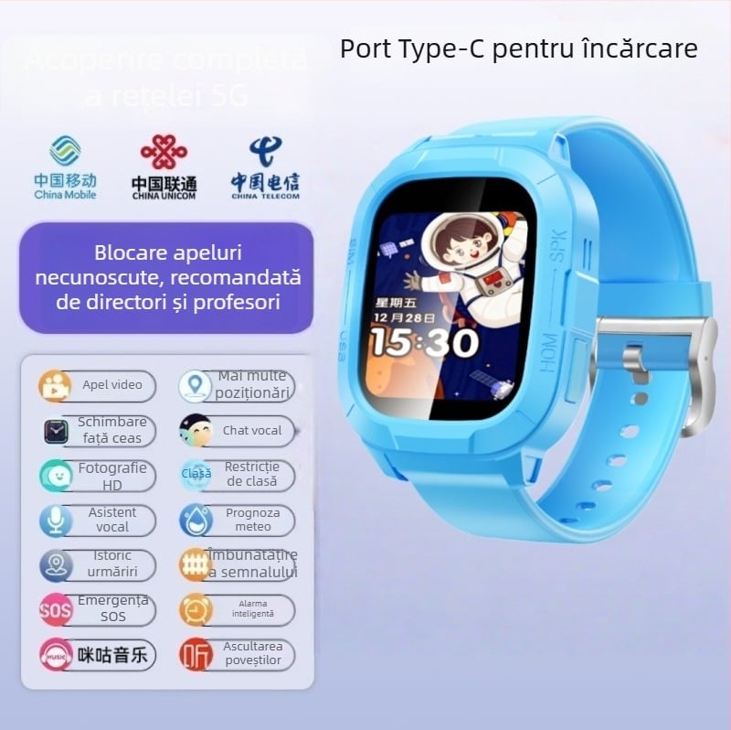 Ceas inteligent pentru copii cu slot SIM, ecran TFT 1.44", baterie 450 mAh, rezistent la apă, cameră pentru fotografii și apeluri video